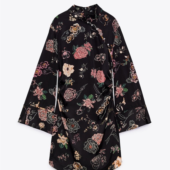 ZARA Asian Style Floral Black Long Sleeve Dress New With Tags - Picture 6 of 10